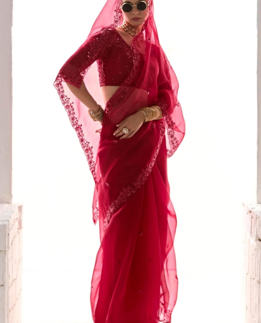 2222 - LOVELY RED SEQUINS WORK TISSUE SILK BRIDAL WEAR SAREE WITH BLOUSE